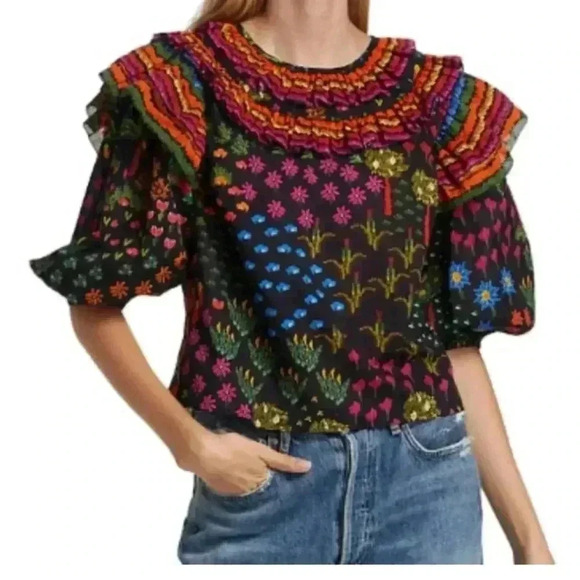 FARM Rio Tops - Farm Rio Fruit Garden Ruffle Puff Sleeve Blouse Women’s Size Small